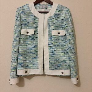 Tahari Arthur S Levine Chanel Style Tweed Bouclé Blazer Jacket in Blue and Green